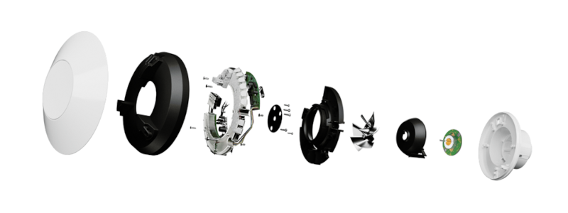 Exploded view of a Zehnder indoor ventilation unit with ASPINA DR-29312 brushless DC (BLDC) motor (the second component from the right) built-in